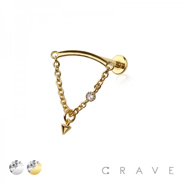 CONE DANGLE BEZEL CZ DANGLE CHAIN TOP 316L SURGICAL STEEL THREADLESS (PUSH IN ) LABRET SET